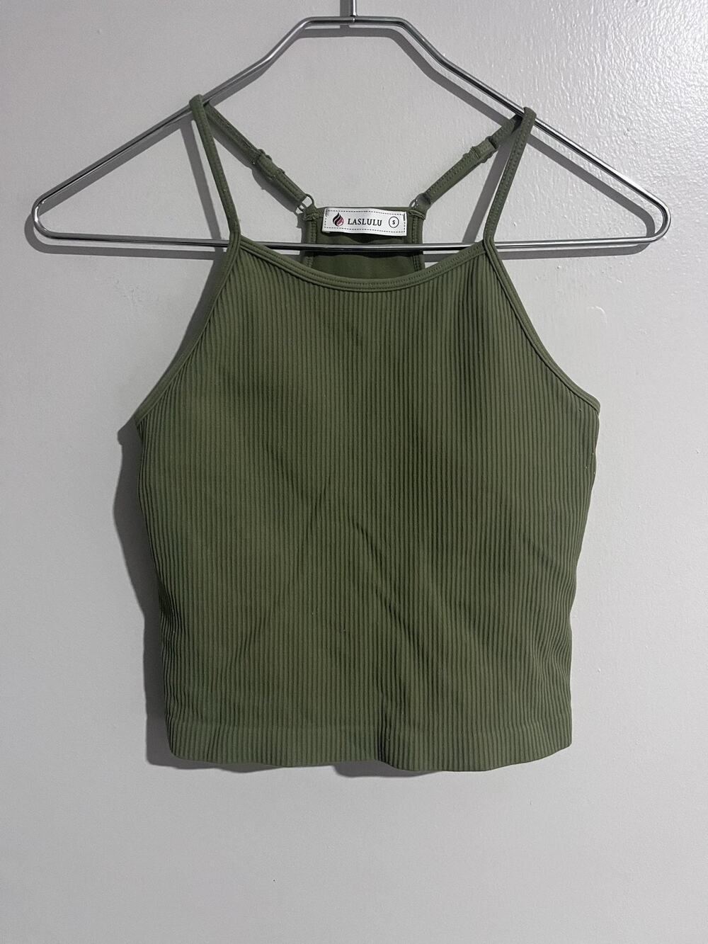 LASLULU Tank Womens S Green Camisole Strappy Adjustable Padded Ribbed Summer
